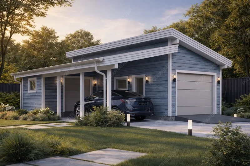 Гараж односкатный с навесом Бастион